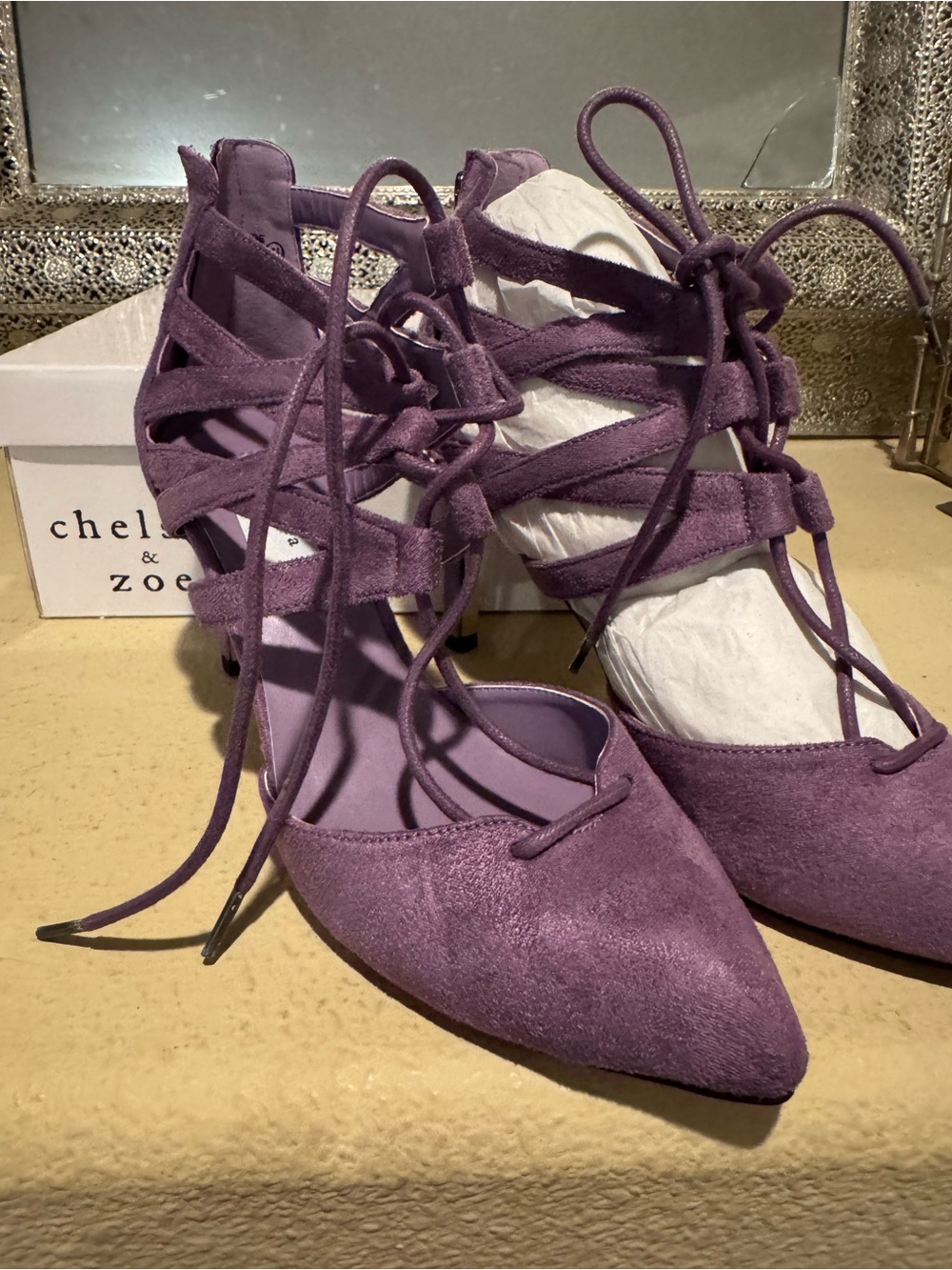 New! Chelsea & Zoe Lavender Suede Lace-Up Pointed-Toe Heels